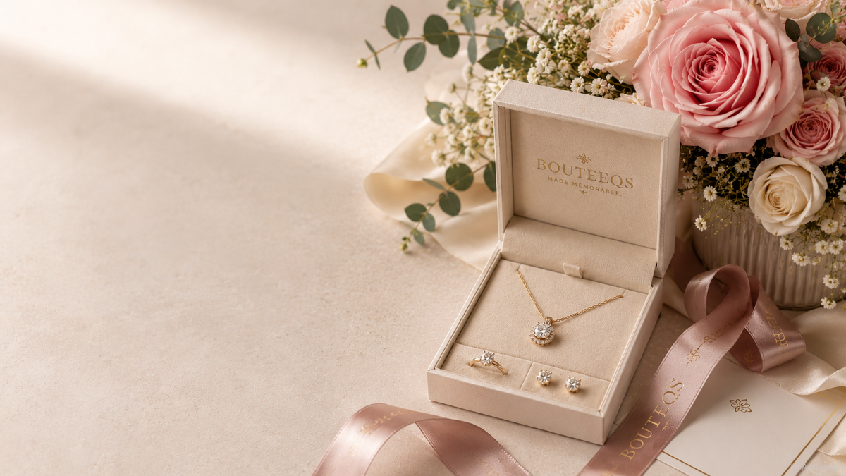 Elegant BOUTEEQS jewelry gift with moissanite necklace, ring and earrings presented with pink roses in Qatar