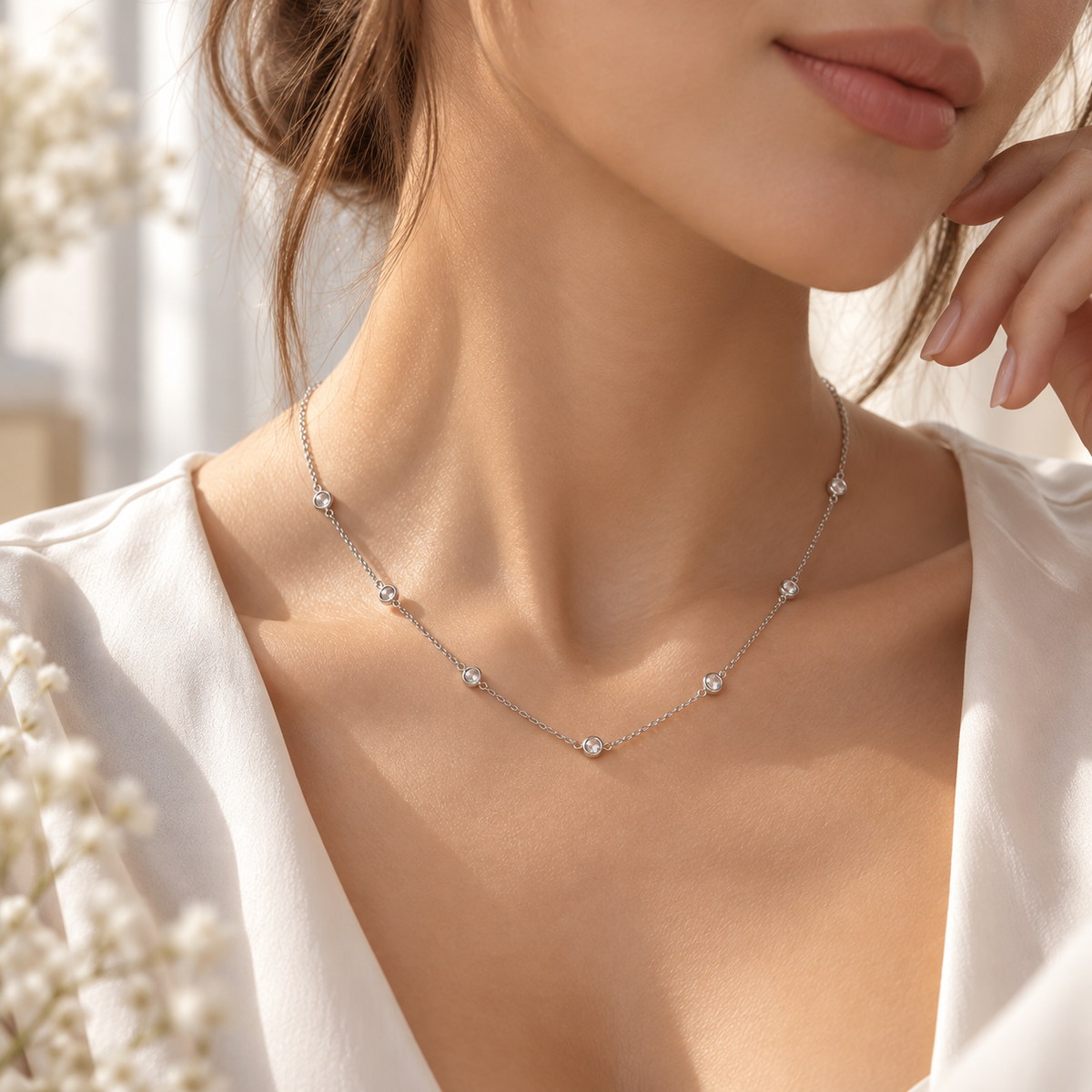 Round Stone Station Necklace choker style