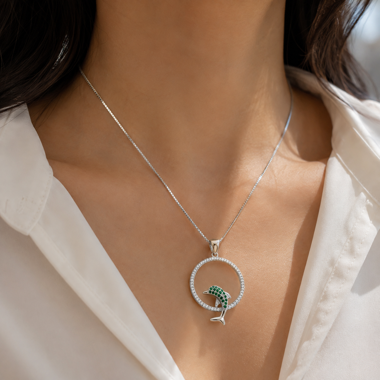 Emerald Dolphin Circle Sterling Silver Necklace