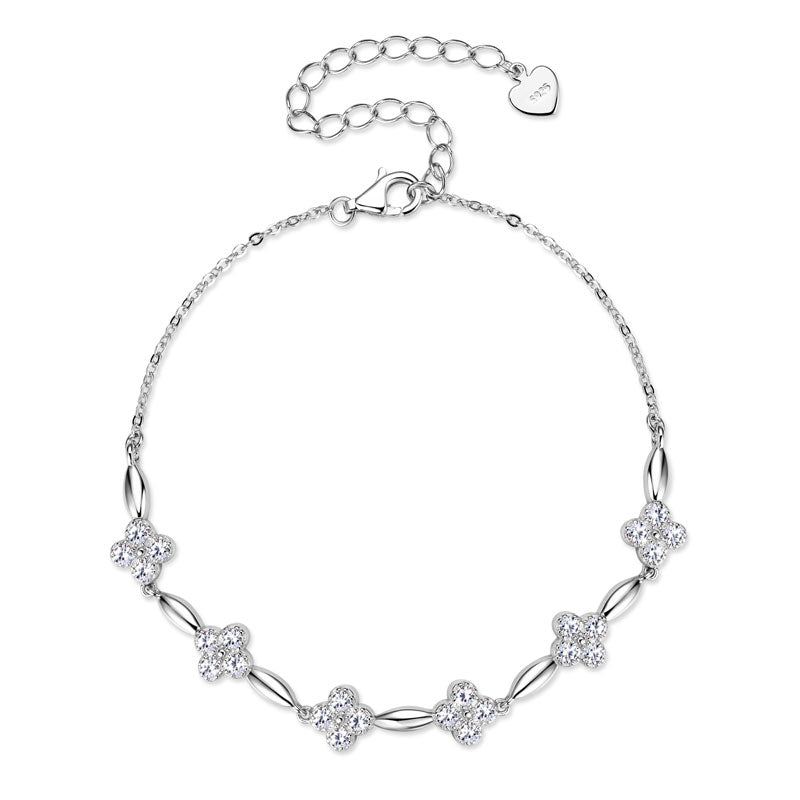 Flower Charm Bracelet – White Gold Plated with 2mm Moissanite Diamonds