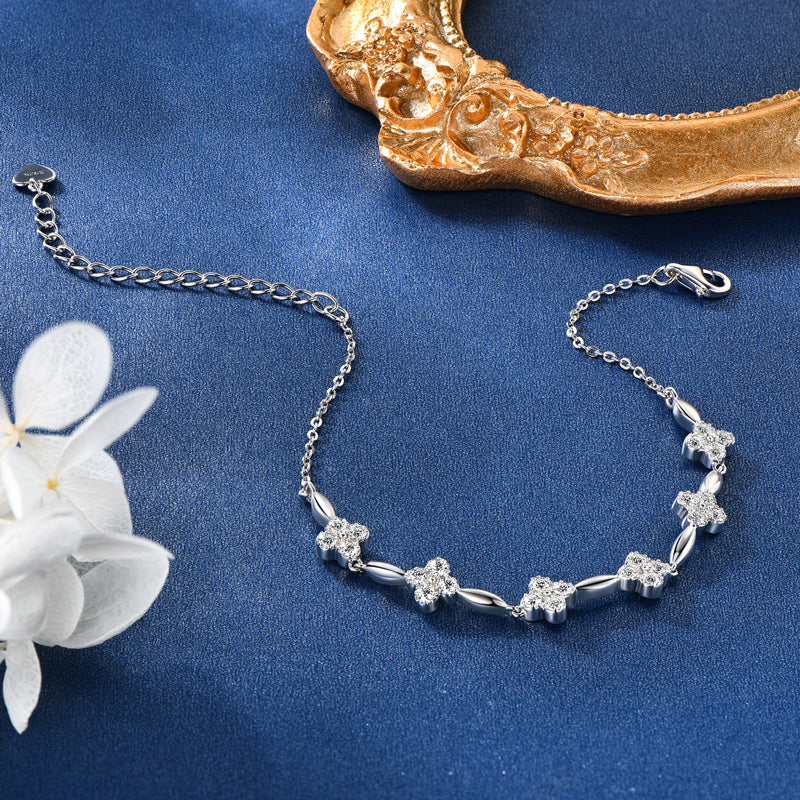 Flower Charm Bracelet – White Gold Plated with 2mm Moissanite Diamonds