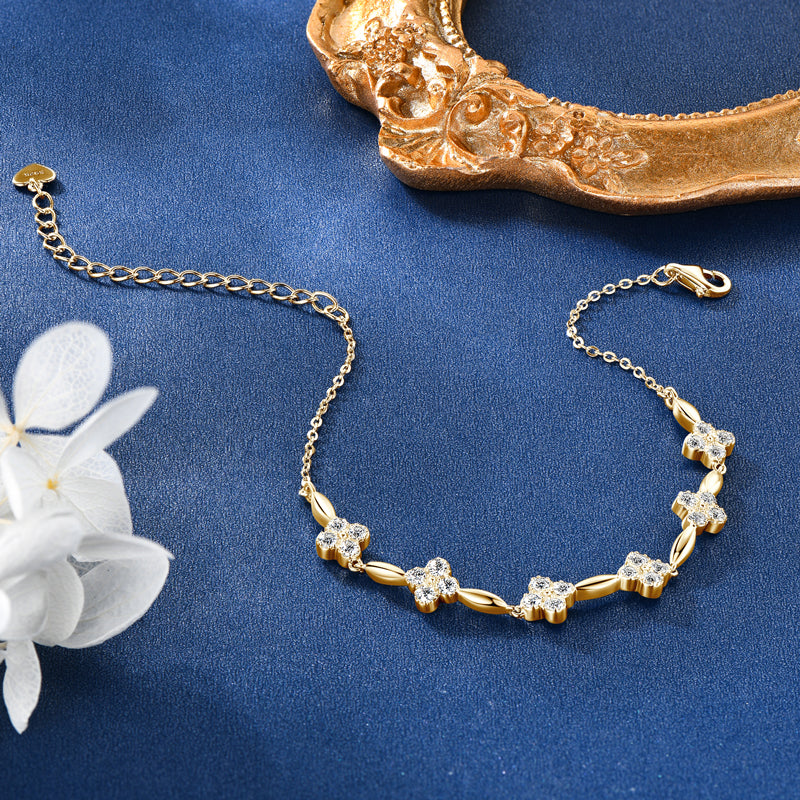 Flower Charm Bracelet – 18K Gold Plated with 2mm Moissanite Diamonds