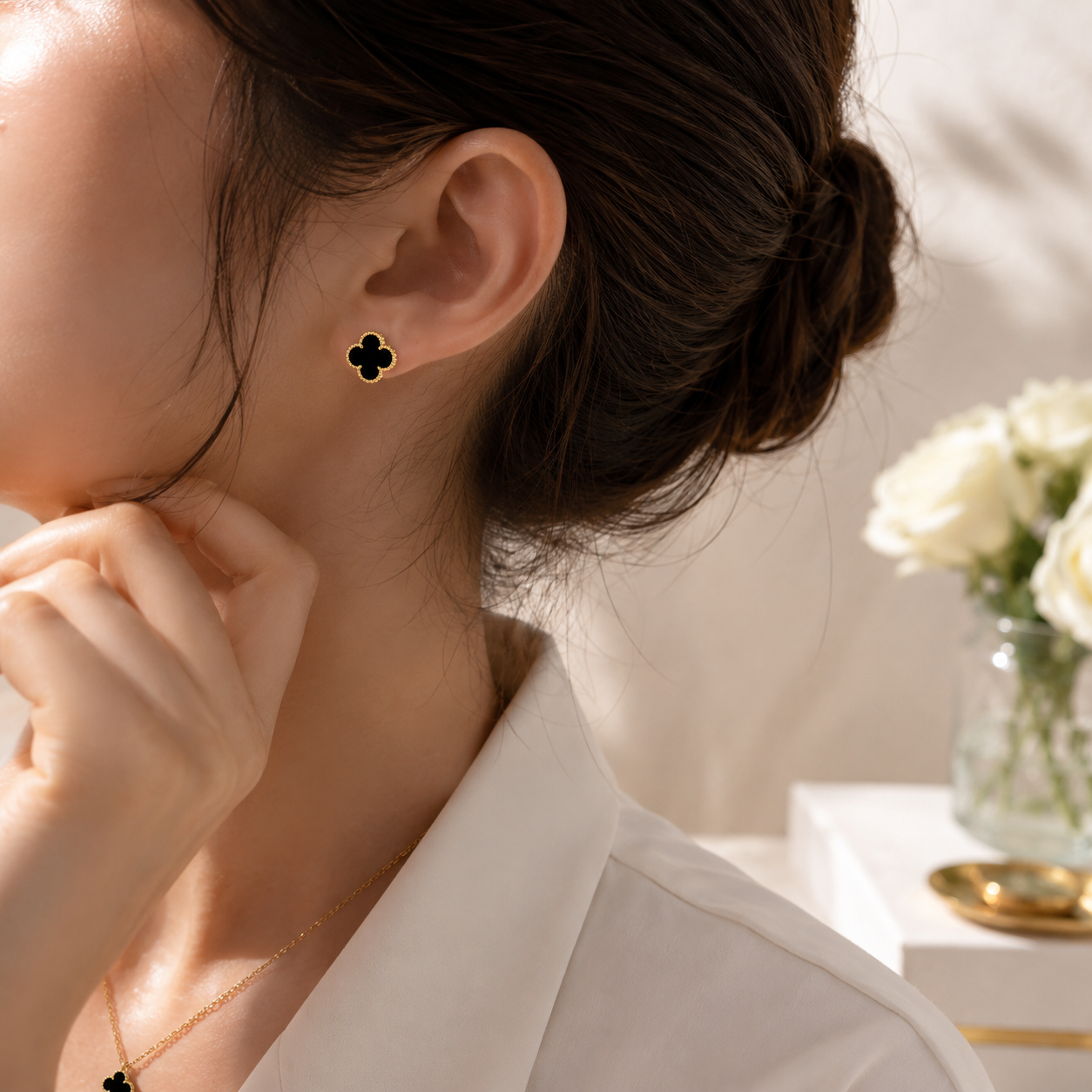Black Clover Gold-Plated 925 Sterling Silver Stud Earrings