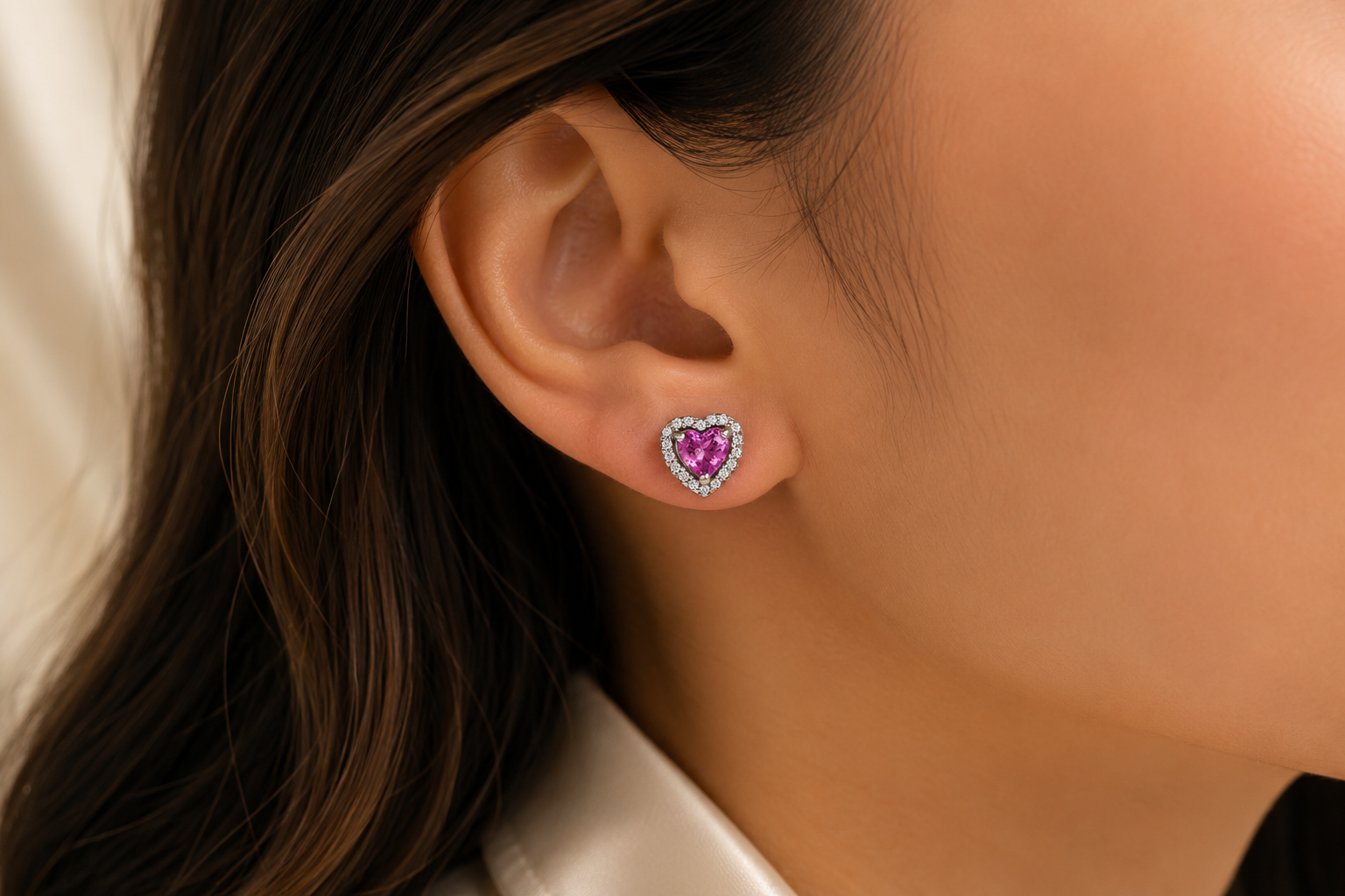 Heart Halo Stud Earrings with Pink Heart-Cut Stones