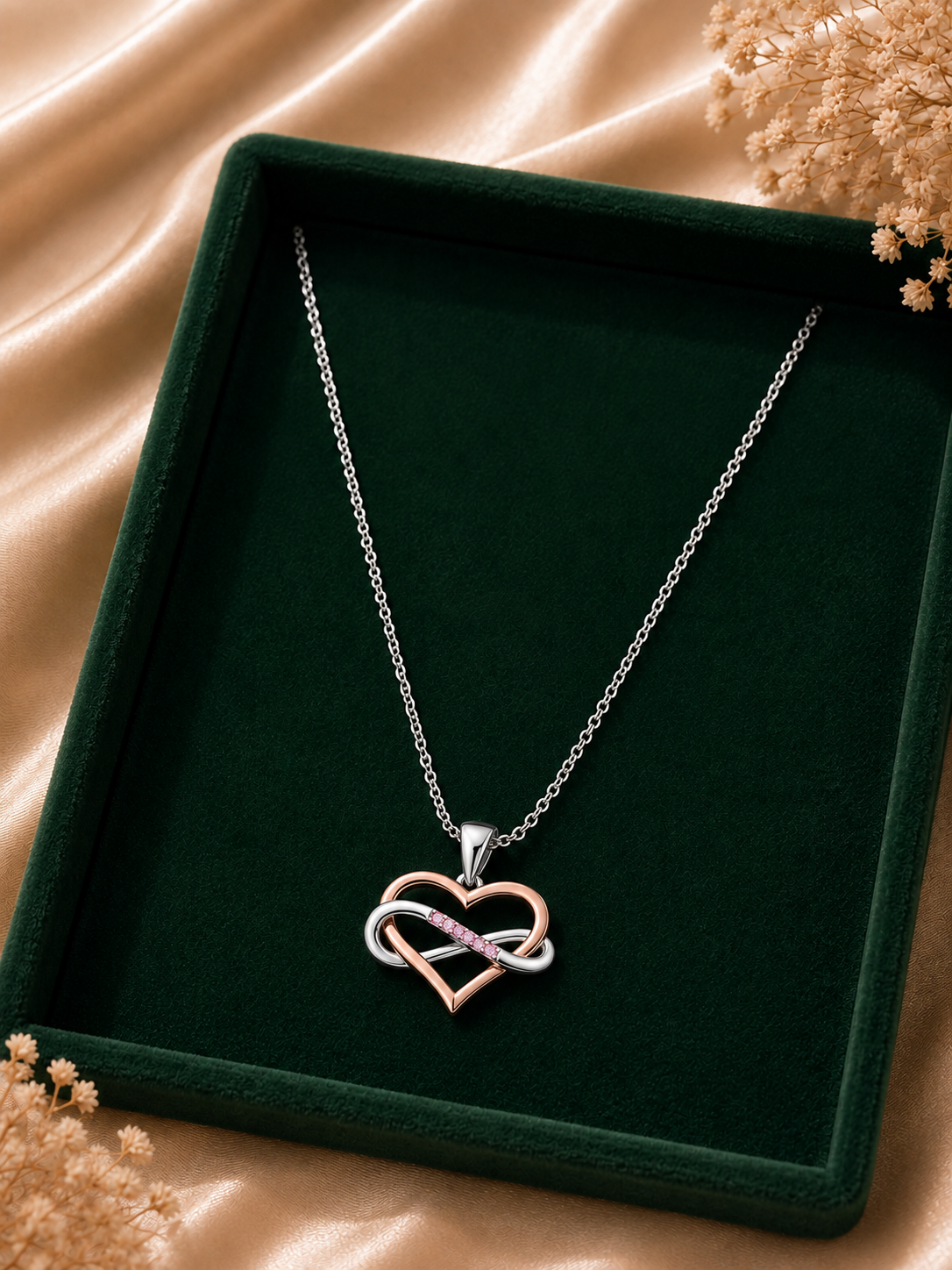 Romantic Heart & Infinity Pendant – Sterling Silver with Pink Cubic Zirconia