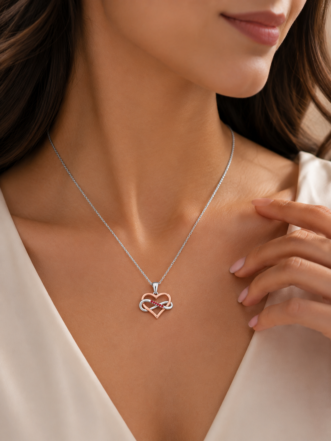 Romantic Heart & Infinity Pendant – Sterling Silver with Red Cubic Zirconia