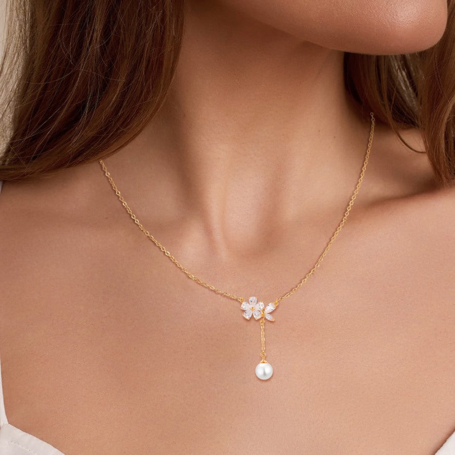 Flower Pendant Necklace with Zirconia and Pearl Drop