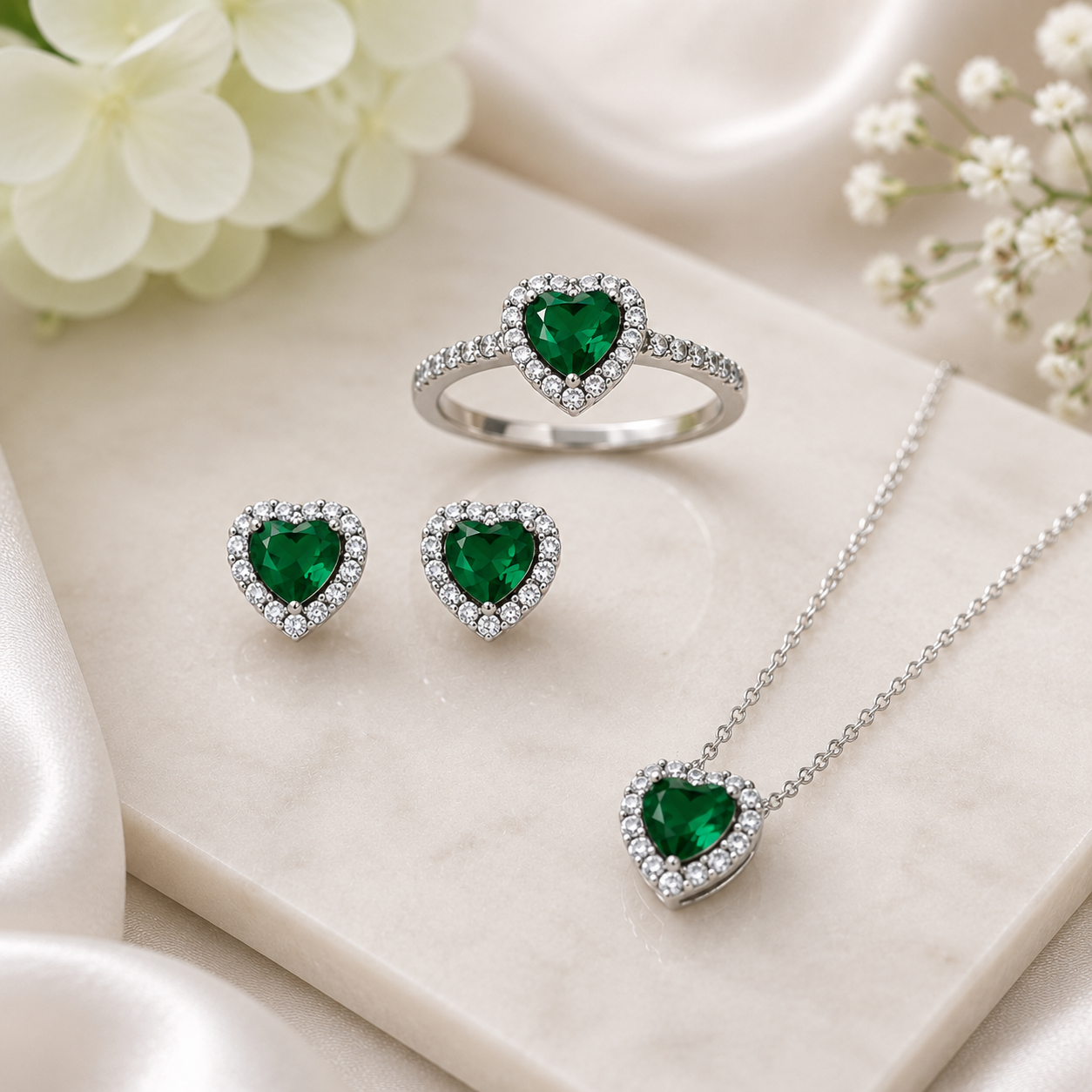 Green Emerald Heart Halo Jewelry Set