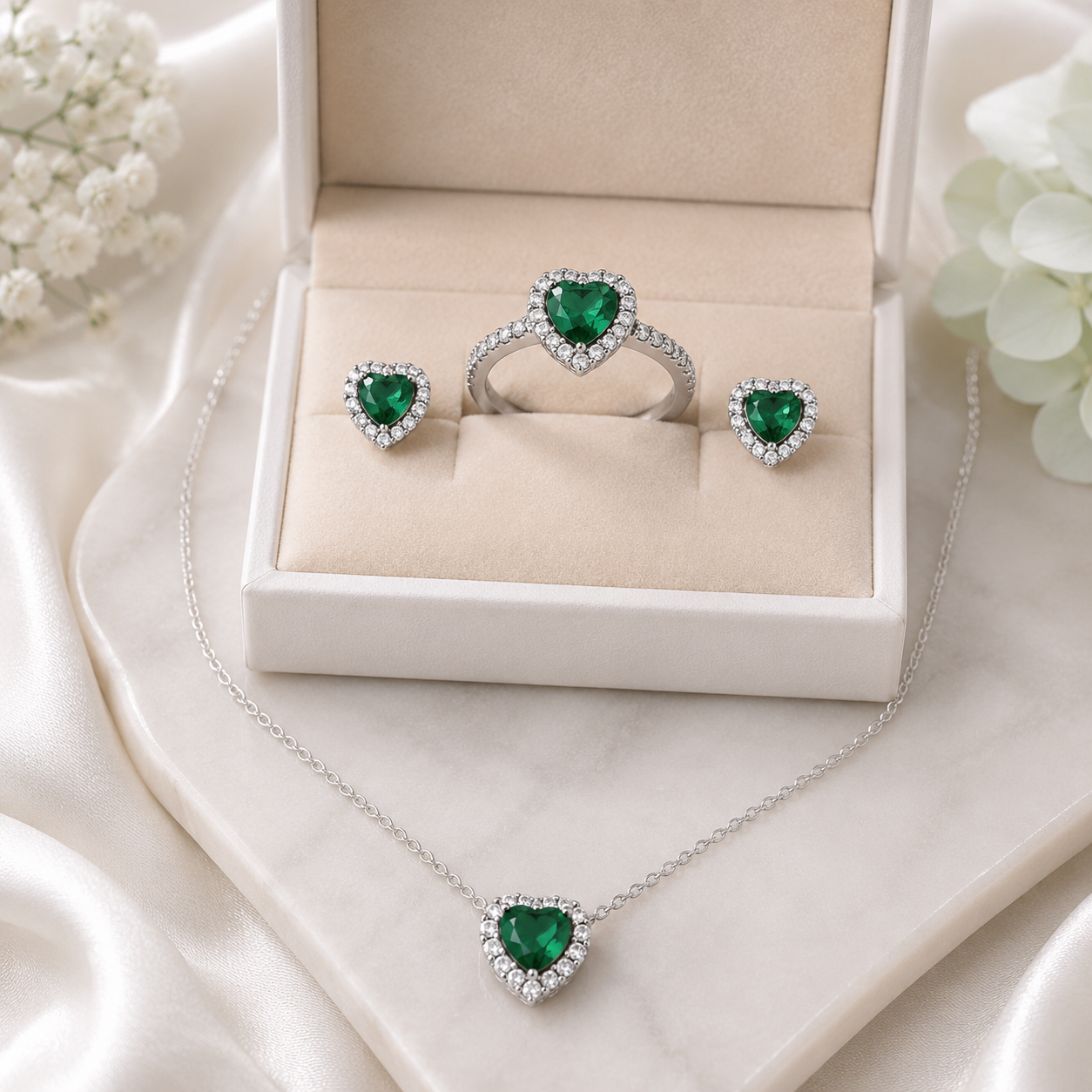 Green Emerald Heart Halo Jewelry Set