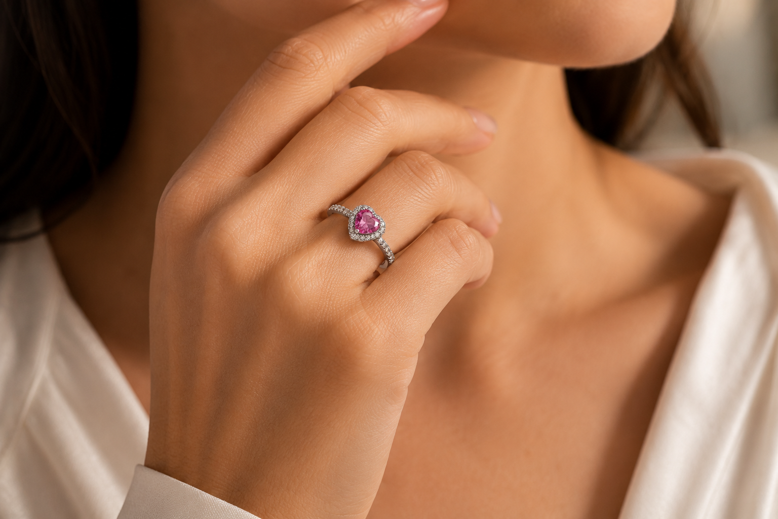 Heart Halo Ring with Pink Pear-Cut Stone