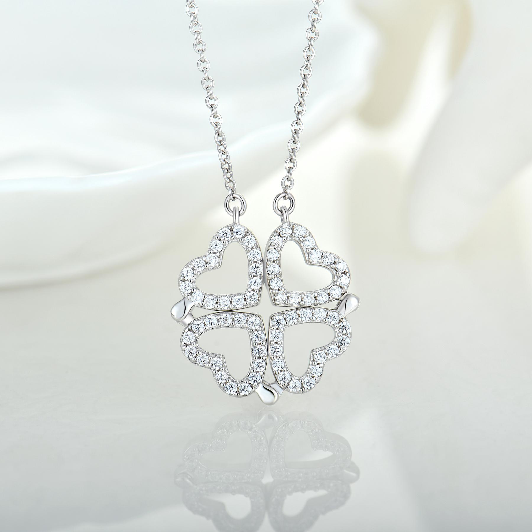 Elegant Rhodium Plated Four Leaf Clover Necklace with one Pink Heart – Convertible Design