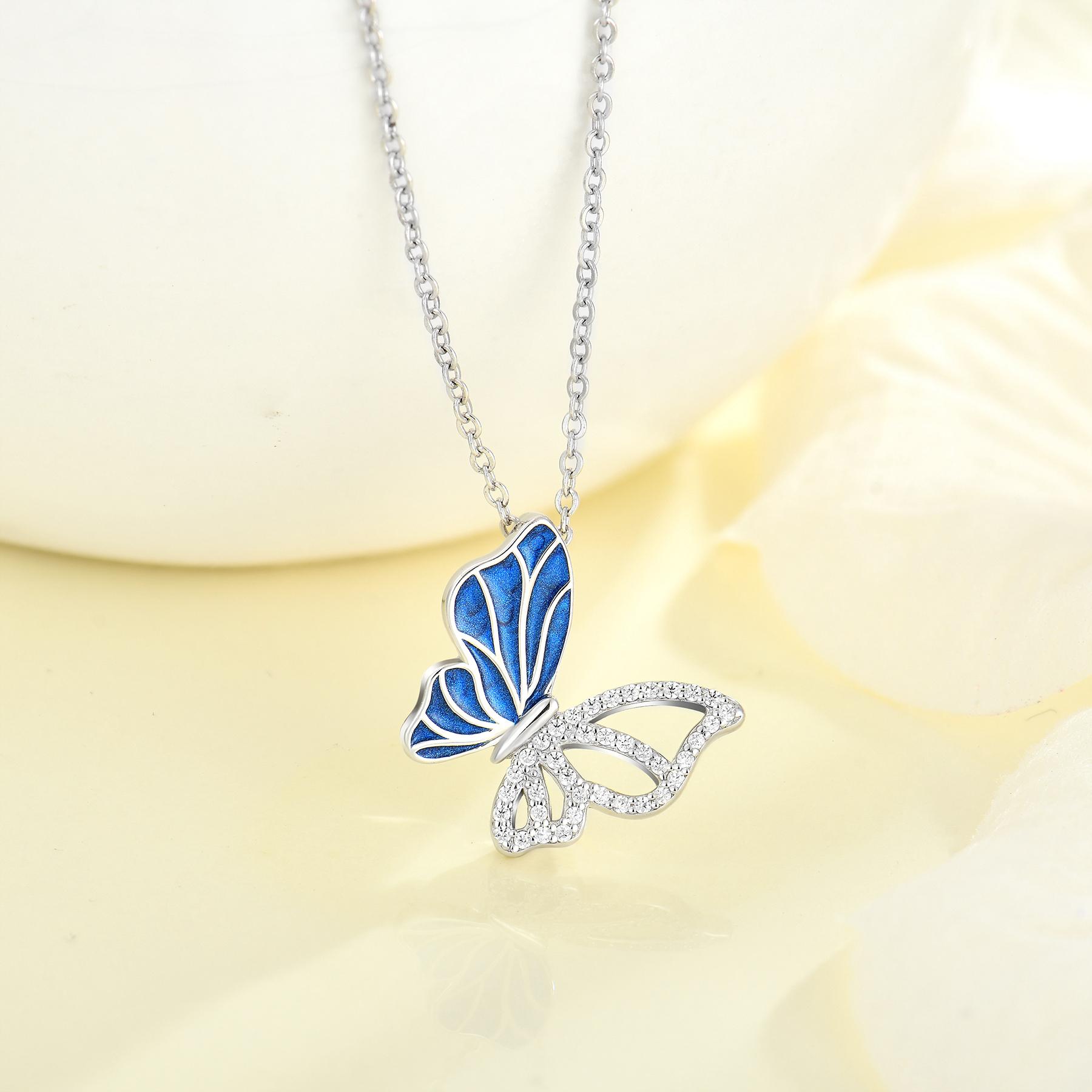 Classic 925 Sterling Silver Blue Enamel Butterfly Pendant Necklace