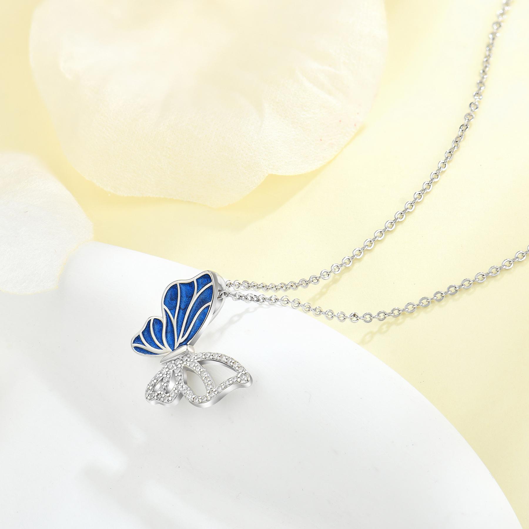 Classic 925 Sterling Silver Blue Enamel Butterfly Pendant Necklace