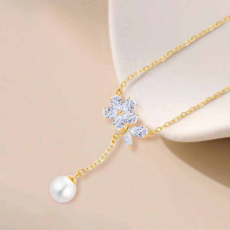 Flower Pendant Necklace with Zirconia and Pearl Drop