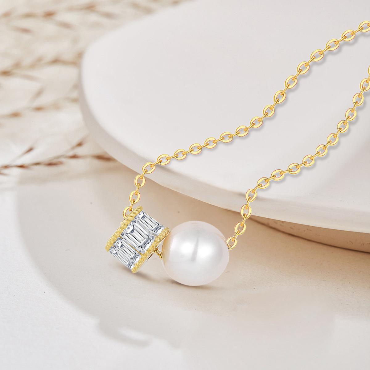 Luxury Necklace with Round Freshwater Pearl and Baguette Cut Zircon Pendant