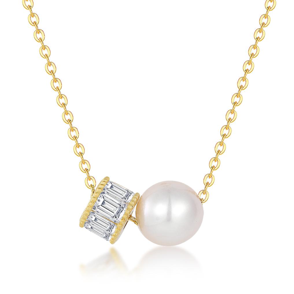 Luxury Necklace with Round Freshwater Pearl and Baguette Cut Zircon Pendant