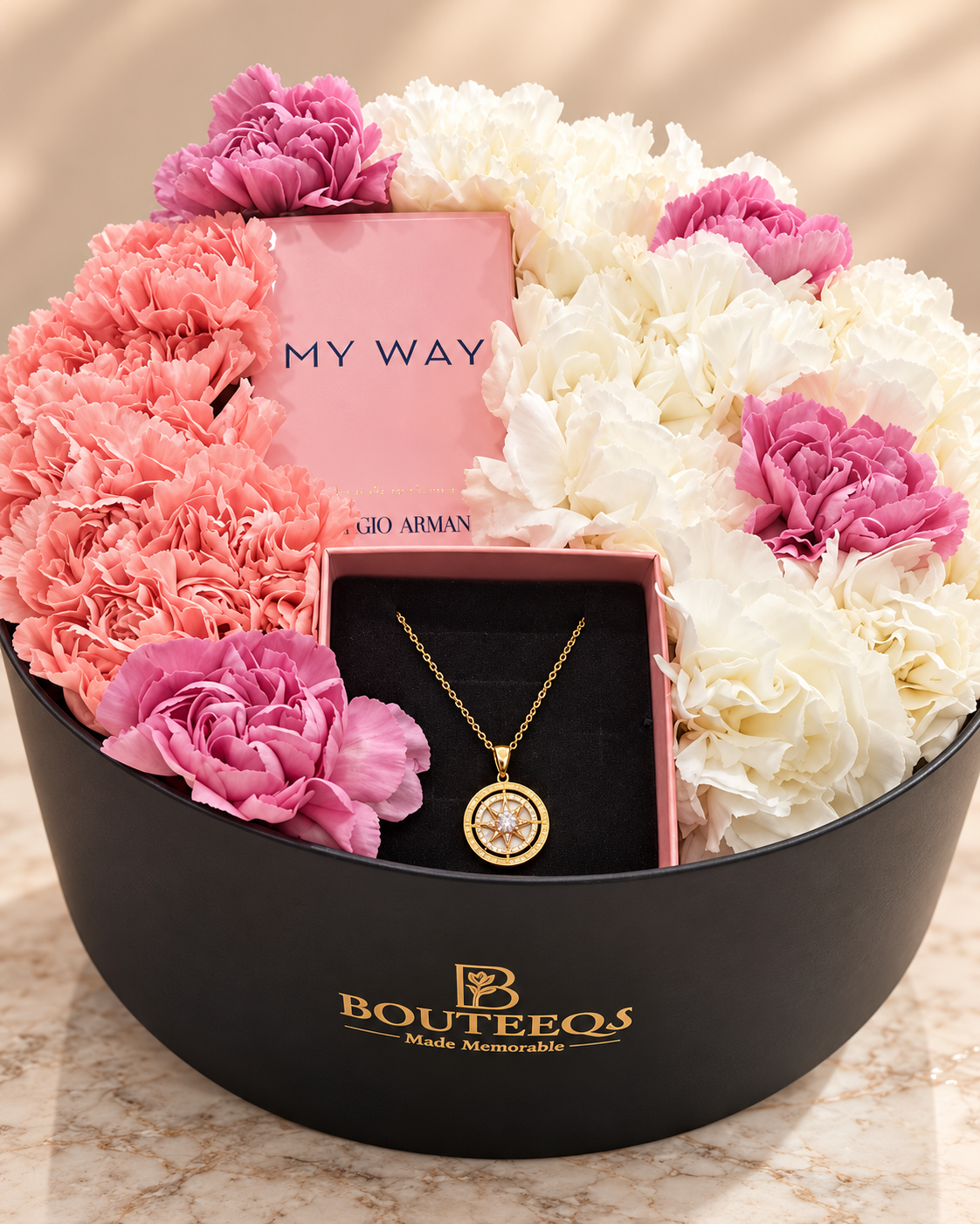 The Blush Affair – Luxury Flowers, Armani Perfume and Silver Necklace Gift Box