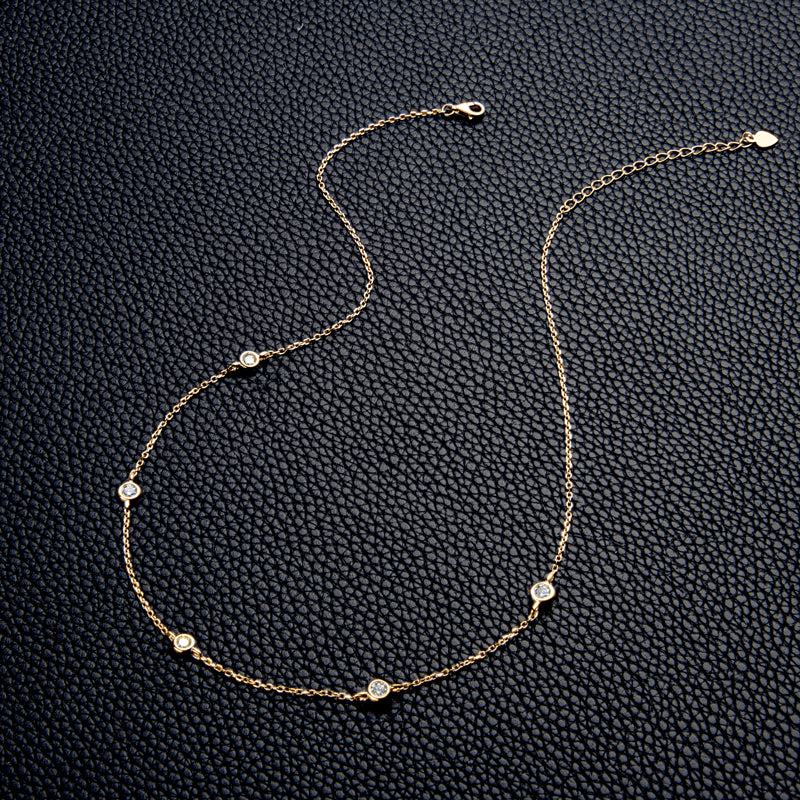 Simple Round Cut Moissanite Bezel Chain Tennis Necklace 18k Gold Plated