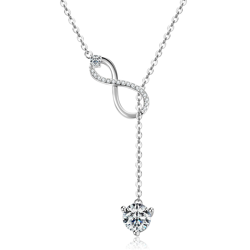 Rhodium Plated Sterling Silver Y Lariat Infinity Pendant Necklace with Moissanite