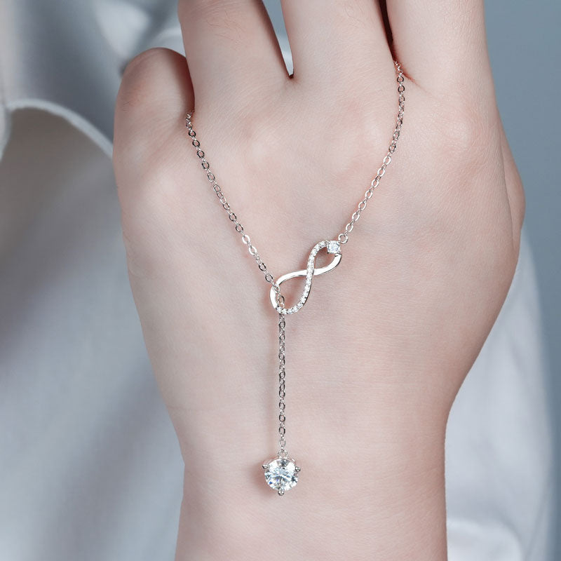 Rhodium Plated Sterling Silver Y Lariat Infinity Pendant Necklace with Moissanite
