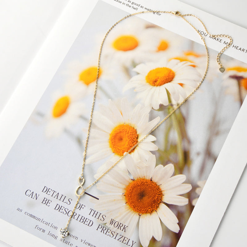 Gold Plated Sterling Silver Y Lariat Infinity Pendant Necklace with Moissanite