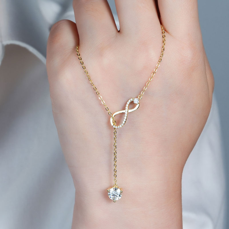Gold Plated Sterling Silver Y Lariat Infinity Pendant Necklace with Moissanite
