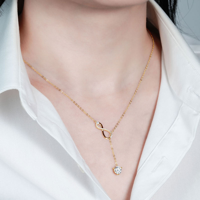 Gold Plated Sterling Silver Y Lariat Infinity Pendant Necklace with Moissanite
