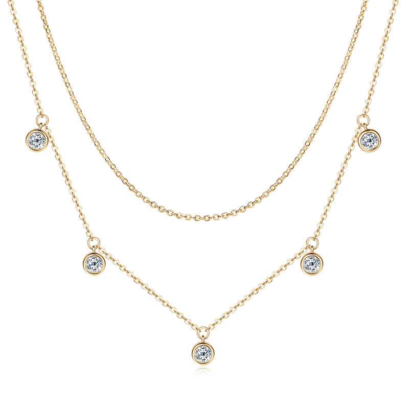 Double Chain Necklace – 4mm Round VVS1 Moissanite, 1.5cttw 18k Gold Plated