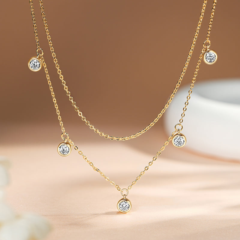 Double Chain Necklace – 4mm Round VVS1 Moissanite, 1.5cttw 18k Gold Plated