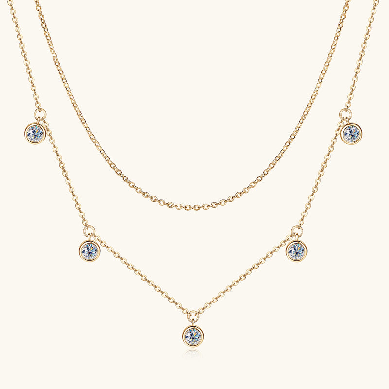 Double Chain Necklace – 4mm Round VVS1 Moissanite, 1.5cttw 18k Gold Plated