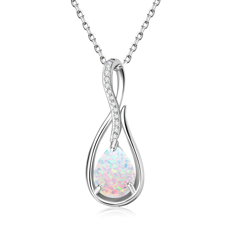 Gemstone Eternity Pendant Necklace with 10mm Pear-Cut White Synthetic Opal White Gold plated