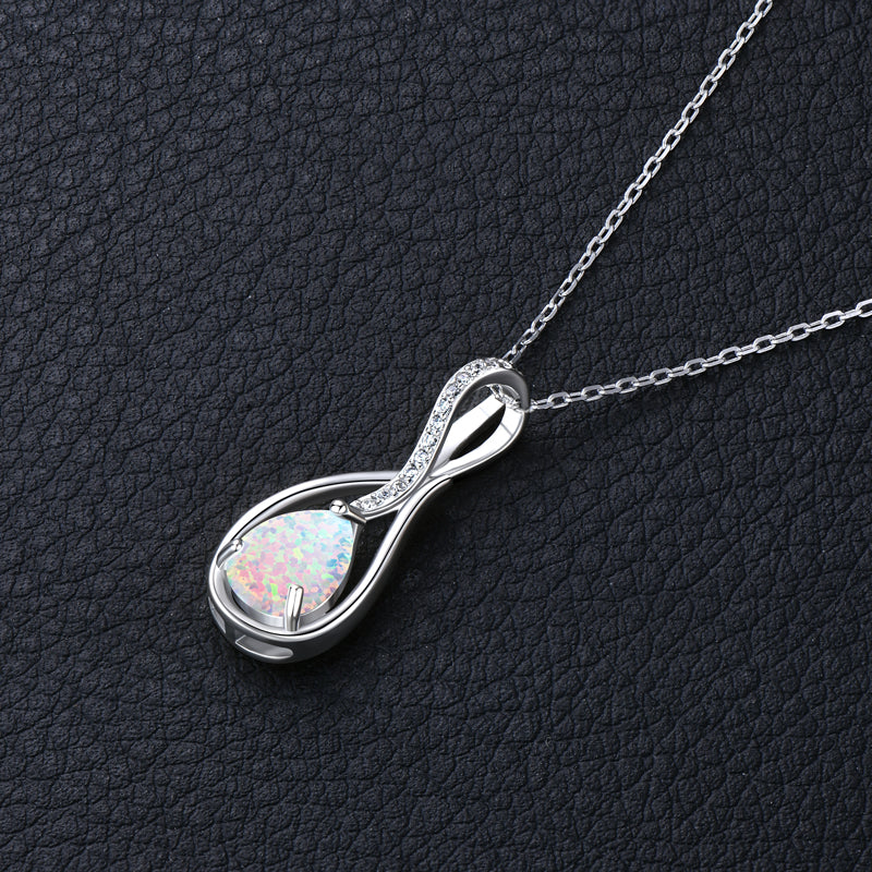 Gemstone Eternity Pendant Necklace with 10mm Pear-Cut White Synthetic Opal White Gold plated