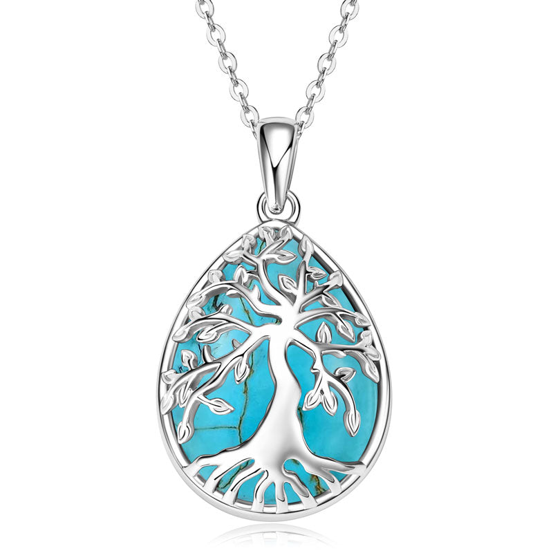 Pear Shape Pendant Necklace with Artificial Turquoise and Personalized Birthstone Tree Design