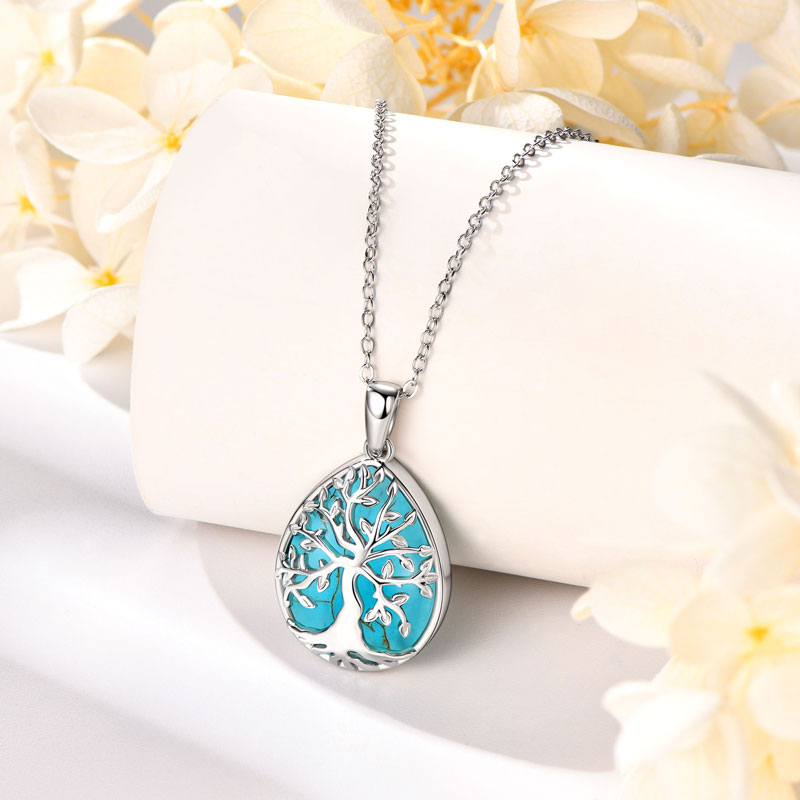 Pear Shape Pendant Necklace with Artificial Turquoise and Personalized Birthstone Tree Design
