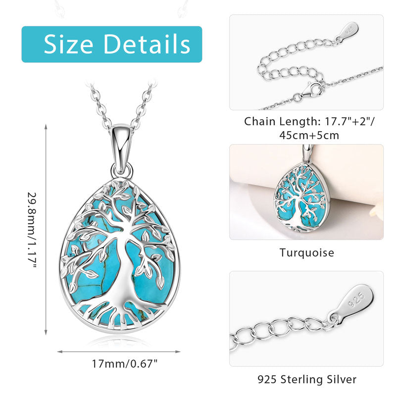 Pear Shape Pendant Necklace with Artificial Turquoise and Personalized Birthstone Tree Design