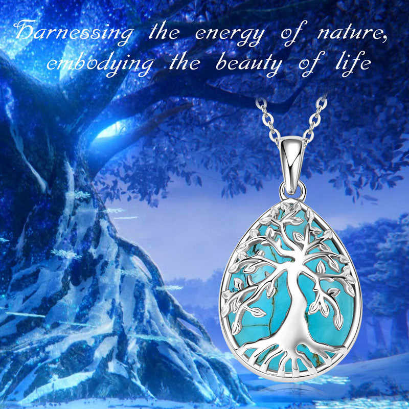 Pear Shape Pendant Necklace with Artificial Turquoise and Personalized Birthstone Tree Design