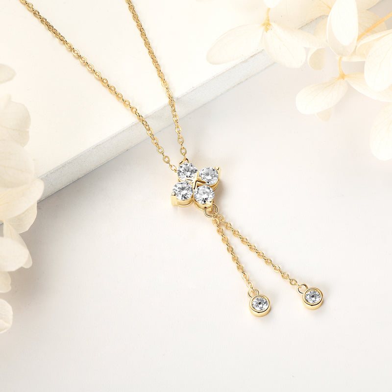 Four-Leaf Flower Moissanite Tassel Pendant Necklace 18k Gold plated