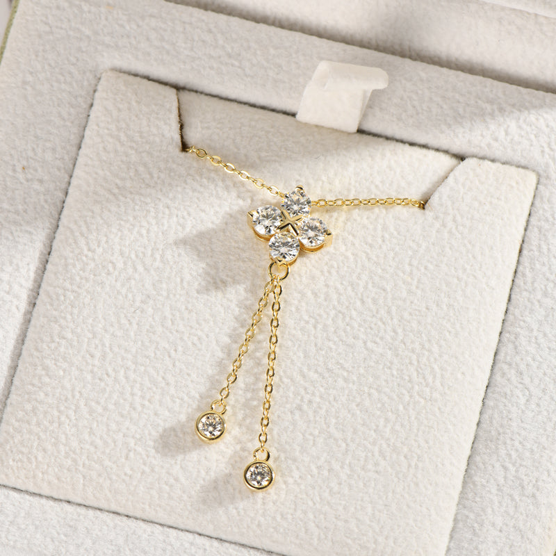 Four-Leaf Flower Moissanite Tassel Pendant Necklace 18k Gold plated
