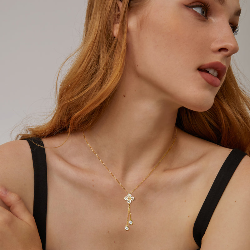 Four-Leaf Flower Moissanite Tassel Pendant Necklace 18k Gold plated