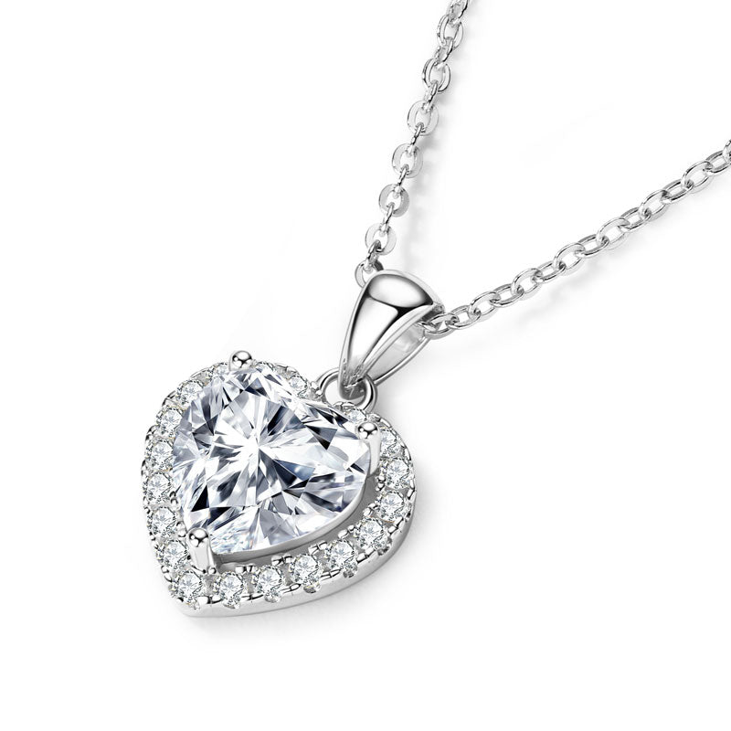 2CT Heart Shaped Moissanite Halo Pendant Necklace white Gold plated