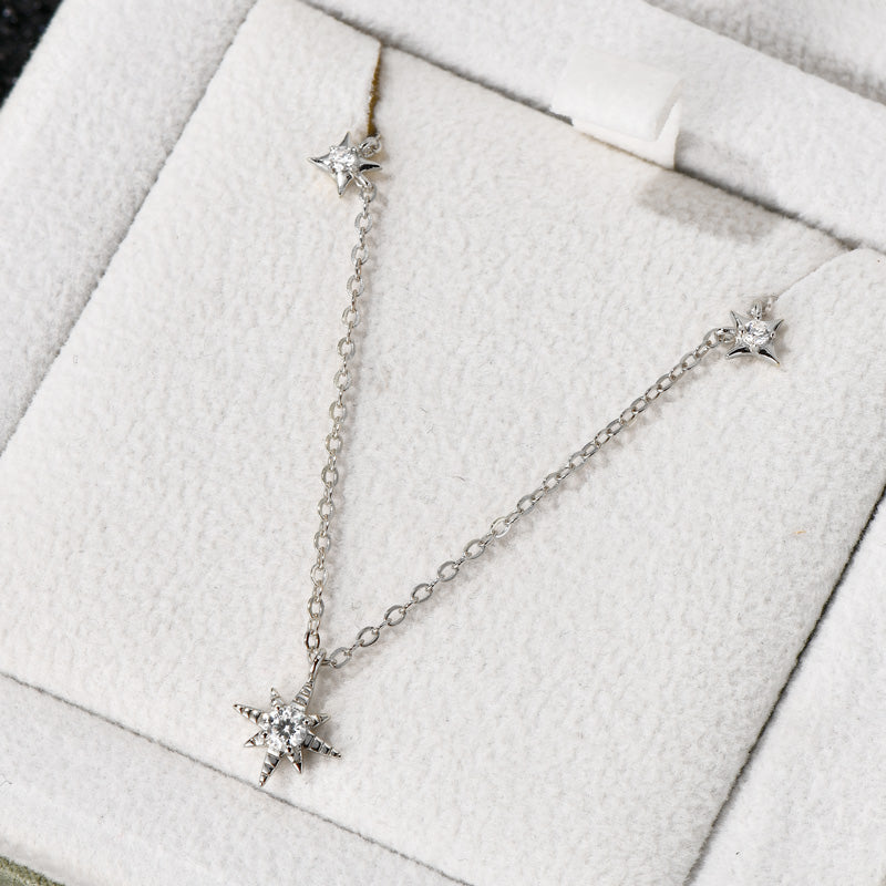 Unique Guide Star Pendant Necklace – 3mm & 2mm Round VVS1 Moissanite White Gold plated