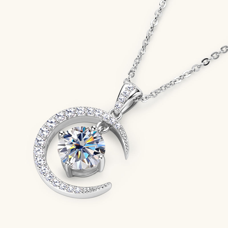 Exquisite Moon and Star Pendant Necklace Full Moissanite 2ct White Gold Plated