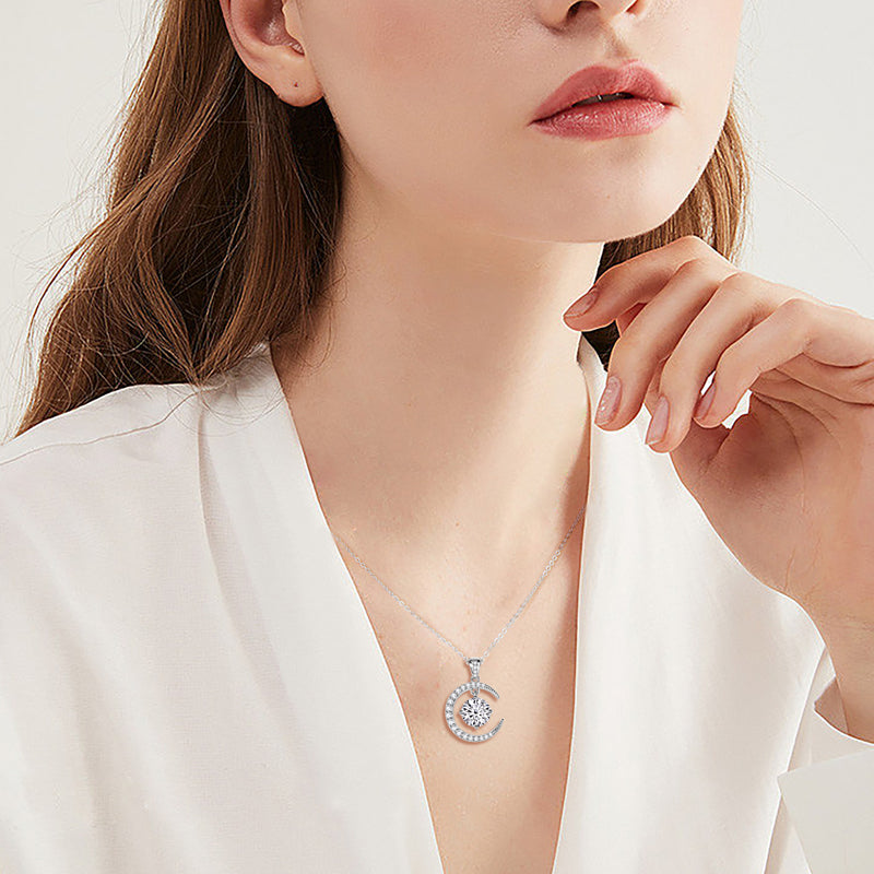 Exquisite Moon and Star Pendant Necklace Full Moissanite 2ct White Gold Plated