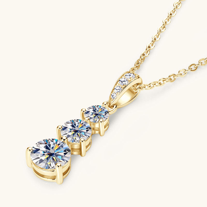 Elegant Three-Stone Moissanite Pendant Necklace – 18K Gold Plated, 1.85 CT D Colour