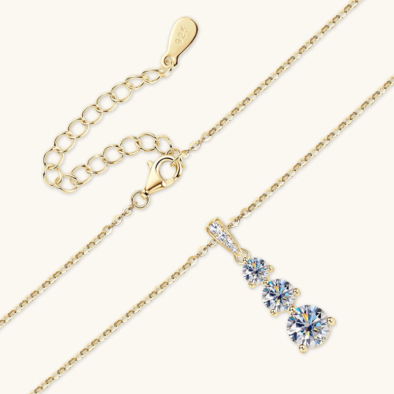 Elegant Three-Stone Moissanite Pendant Necklace – 18K Gold Plated, 1.85 CT D Colour