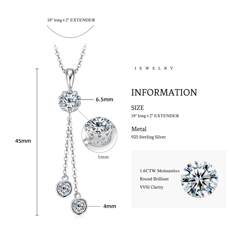 Moissanite Crown Tassel Drop Pendant Necklace with 6.5mm & 4mm D/VVS1 White Gold plated