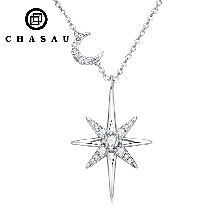 Moissanite Star and Moon Pendant Necklace – 0.10 ct VVS D Colour White Gold Plated