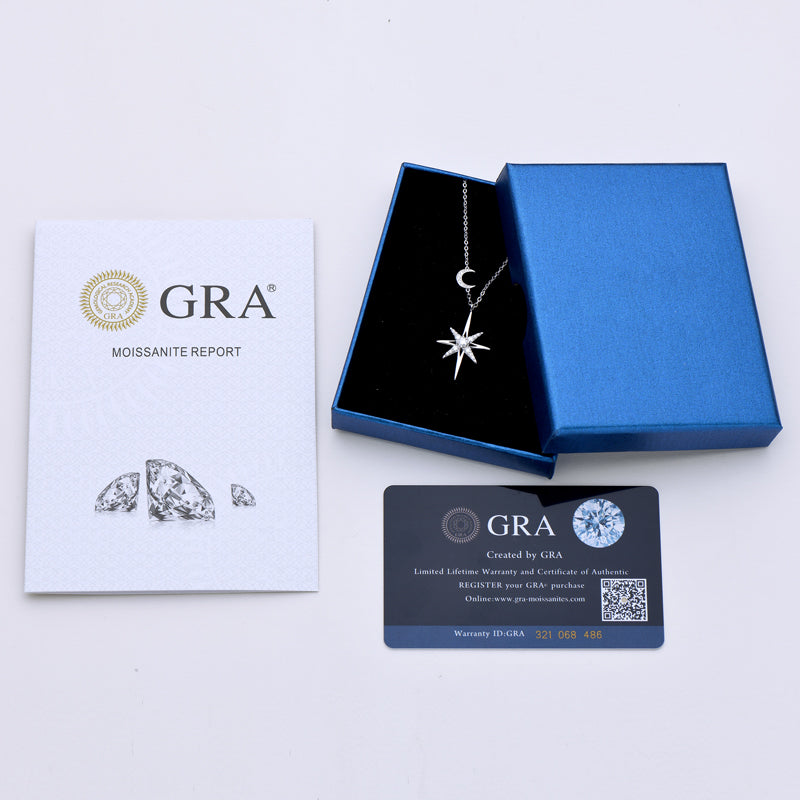 Moissanite Star and Moon Pendant Necklace – 0.10 ct VVS D Colour White Gold Plated