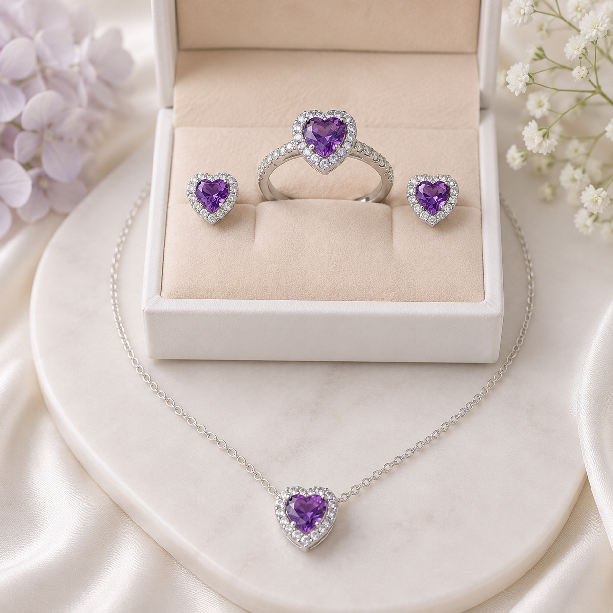 Purple Amethyst Heart Halo Jewelry Set