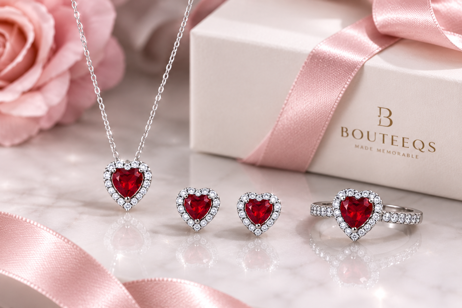 Red Ruby Heart Halo Jewelry Set